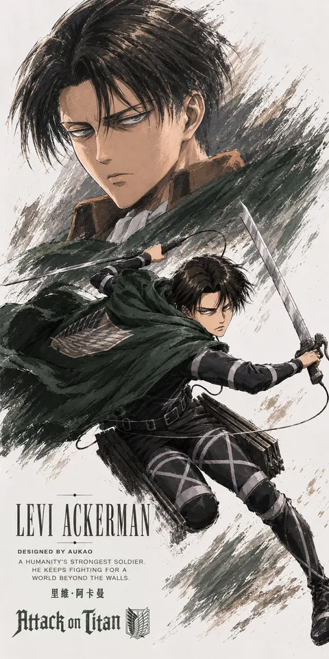 An AI-assisted portrait-format anime character illustration in the Attack on Titan collection. Artwork 009 from the AUKAO visual archive.
