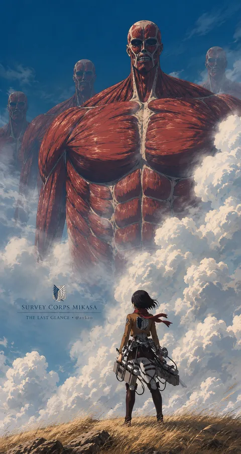 An AI-assisted portrait-format anime character illustration in the Attack on Titan collection. Artwork 004 from the AUKAO visual archive.