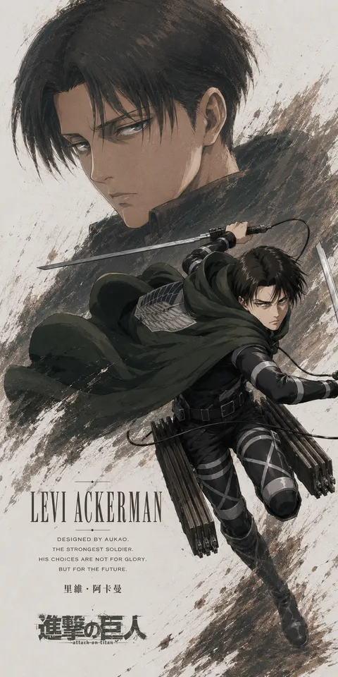 An AI-assisted portrait-format anime character illustration in the Attack on Titan collection. Artwork 008 from the AUKAO visual archive.
