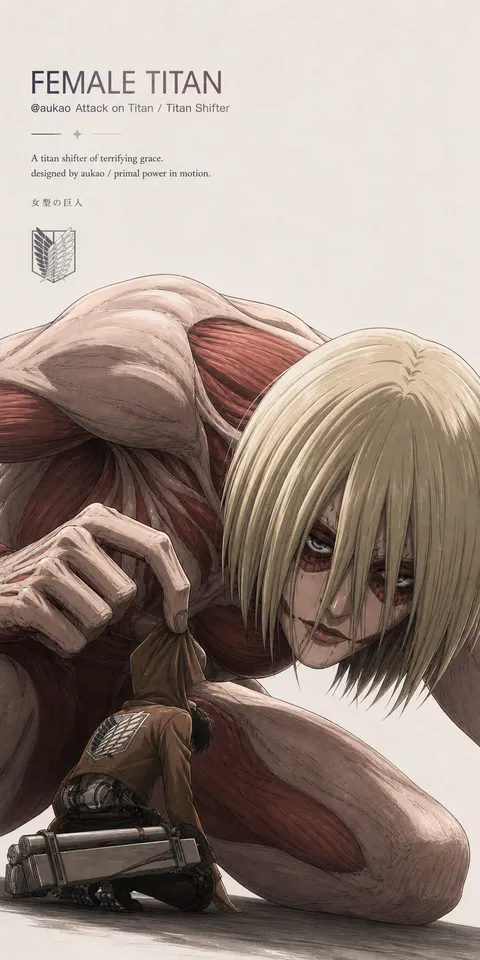 An AI-assisted portrait-format anime character illustration in the Attack on Titan collection. Artwork 032 from the AUKAO visual archive.