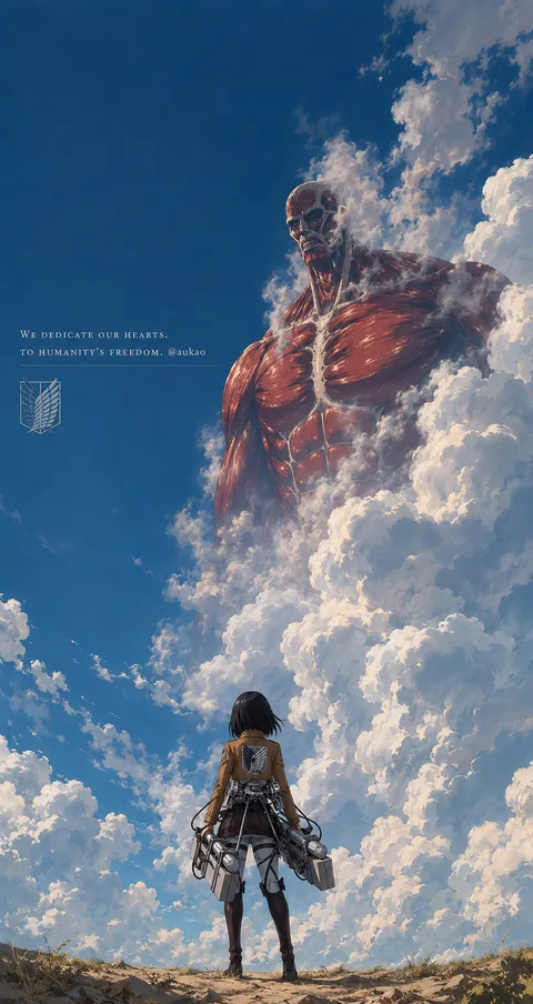 An AI-assisted portrait-format anime character illustration in the Attack on Titan collection. Artwork 006 from the AUKAO visual archive.