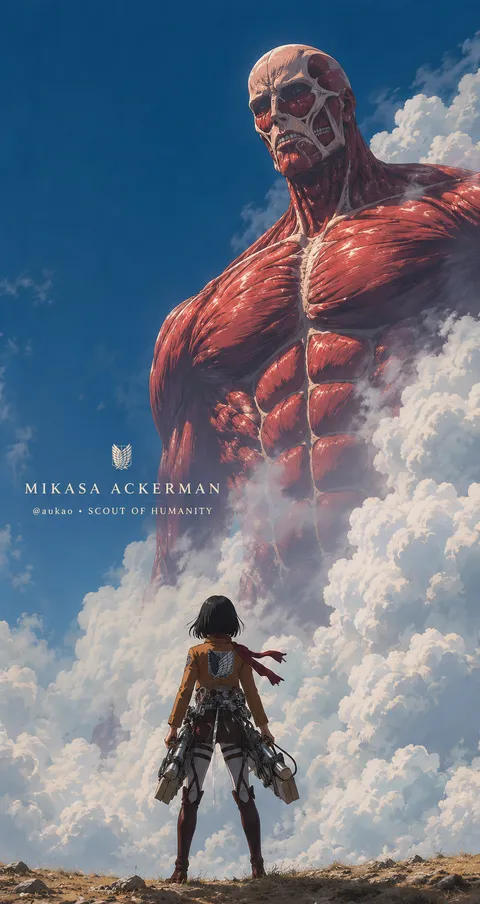 An AI-assisted portrait-format anime character illustration in the Attack on Titan collection. Artwork 003 from the AUKAO visual archive.