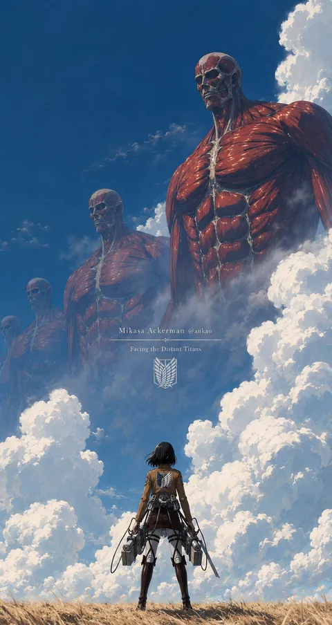 An AI-assisted portrait-format anime character illustration in the Attack on Titan collection. Artwork 001 from the AUKAO visual archive.
