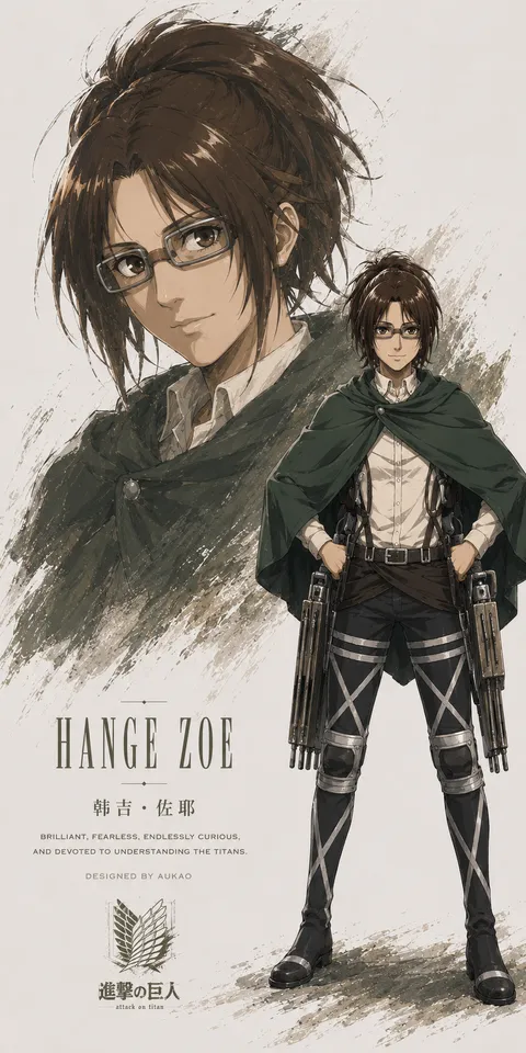 An AI-assisted portrait-format anime character illustration in the Attack on Titan collection. Artwork 012 from the AUKAO visual archive.