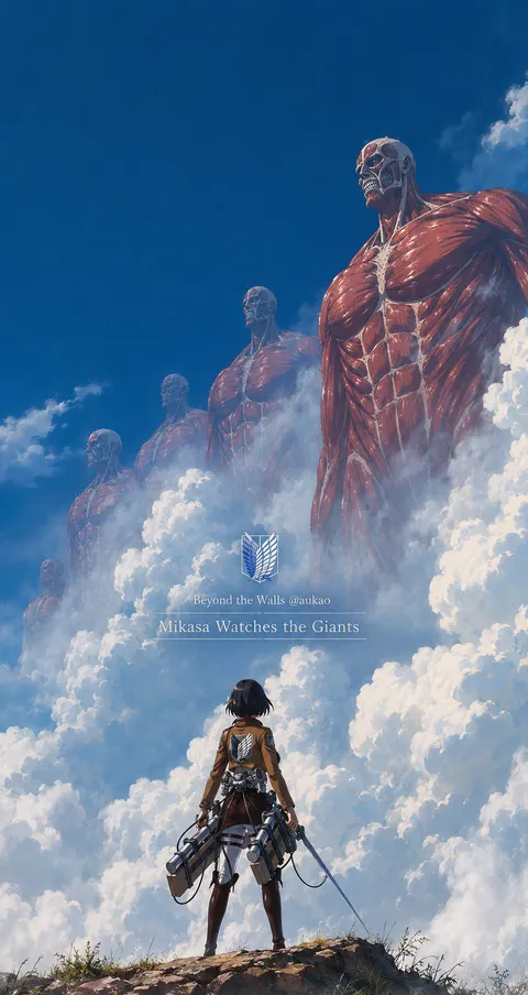 An AI-assisted portrait-format anime character illustration in the Attack on Titan collection. Artwork 002 from the AUKAO visual archive.