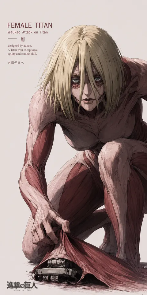 An AI-assisted portrait-format anime character illustration in the Attack on Titan collection. Artwork 019 from the AUKAO visual archive.