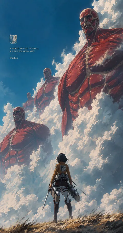 An AI-assisted portrait-format anime character illustration in the Attack on Titan collection. Artwork 005 from the AUKAO visual archive.