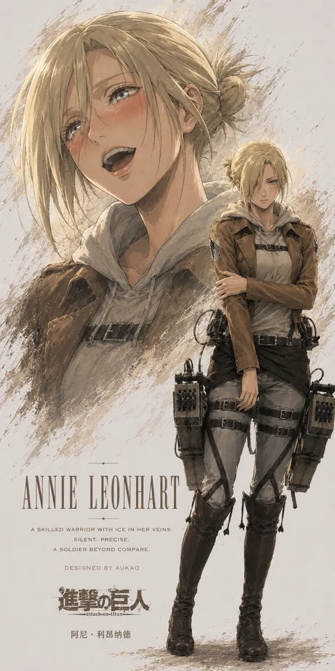An AI-assisted portrait-format anime character illustration in the Attack on Titan collection. Artwork 020 from the AUKAO visual archive.