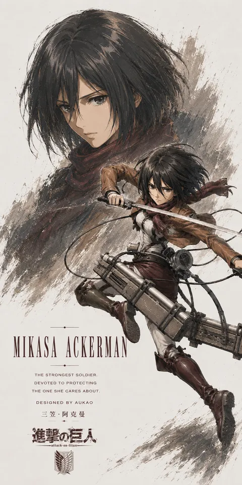 An AI-assisted portrait-format anime character illustration in the Attack on Titan collection. Artwork 010 from the AUKAO visual archive.