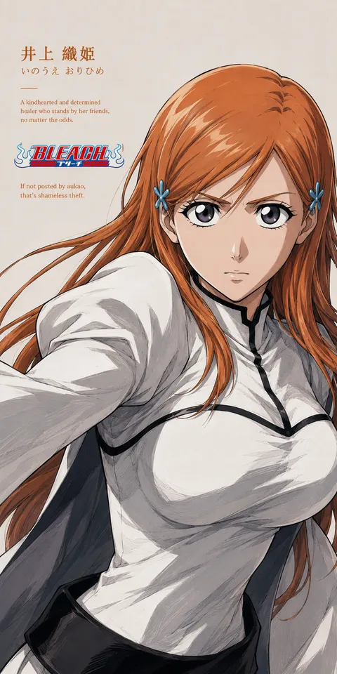 An AI-assisted portrait-format anime character illustration in the Bleach collection. Artwork 010 from the AUKAO visual archive.