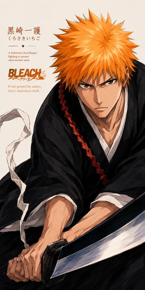 An AI-assisted portrait-format anime character illustration in the Bleach collection. Artwork 004 from the AUKAO visual archive.