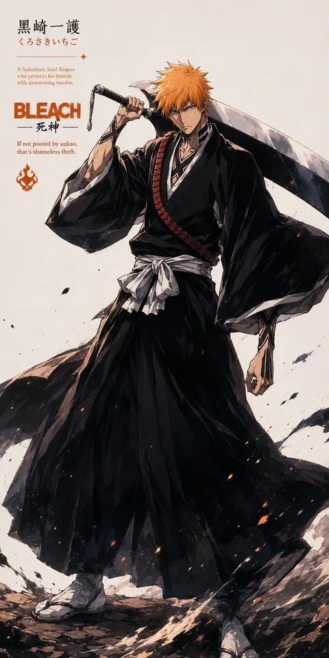 An AI-assisted portrait-format anime character illustration in the Bleach collection. Artwork 005 from the AUKAO visual archive.