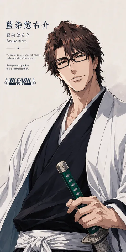 An AI-assisted portrait-format anime character illustration in the Bleach collection. Artwork 014 from the AUKAO visual archive.