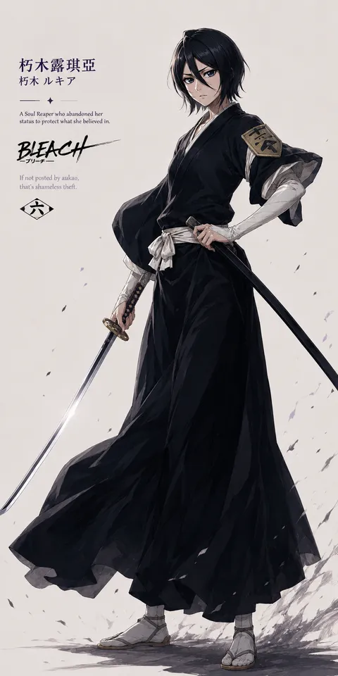 An AI-assisted portrait-format anime character illustration in the Bleach collection. Artwork 008 from the AUKAO visual archive.