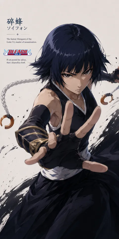 An AI-assisted portrait-format anime character illustration in the Bleach collection. Artwork 017 from the AUKAO visual archive.