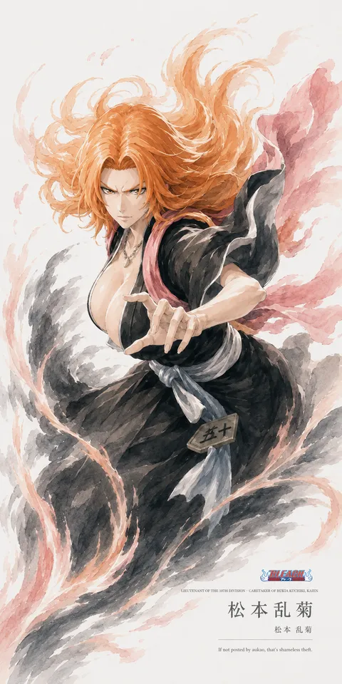 An AI-assisted portrait-format anime character illustration in the Bleach: Thousand-Year Blood War collection. Artwork 008 from the AUKAO visual archive.
