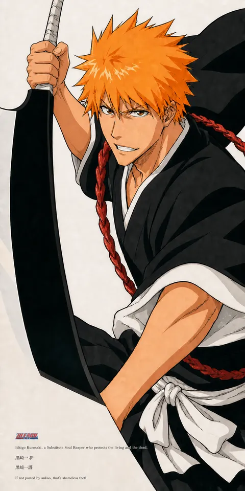 An AI-assisted portrait-format anime character illustration in the Bleach: Thousand-Year Blood War collection. Artwork 014 from the AUKAO visual archive.