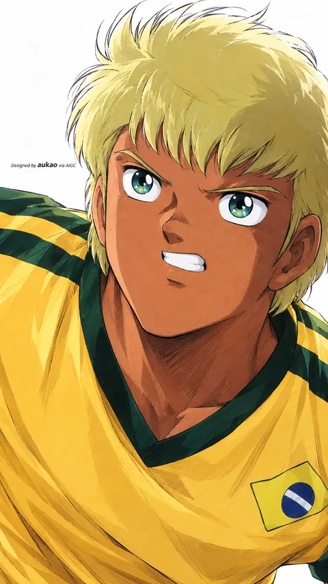 An AI-assisted portrait-format anime character illustration in the Captain Tsubasa collection. Artwork 002 from the AUKAO visual archive.