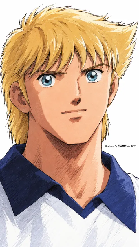 An AI-assisted portrait-format anime character illustration in the Captain Tsubasa collection. Artwork 005 from the AUKAO visual archive.