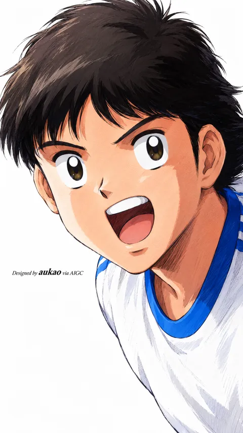 An AI-assisted portrait-format anime character illustration in the Captain Tsubasa collection. Artwork 014 from the AUKAO visual archive.