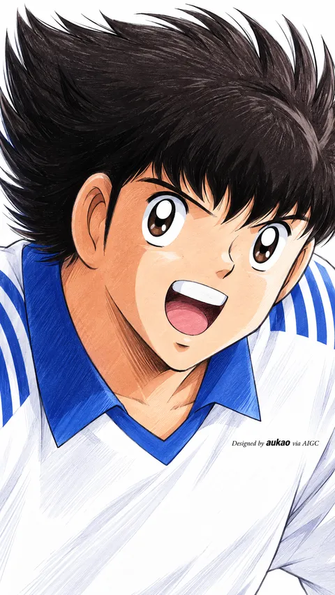 An AI-assisted portrait-format anime character illustration in the Captain Tsubasa collection. Artwork 009 from the AUKAO visual archive.