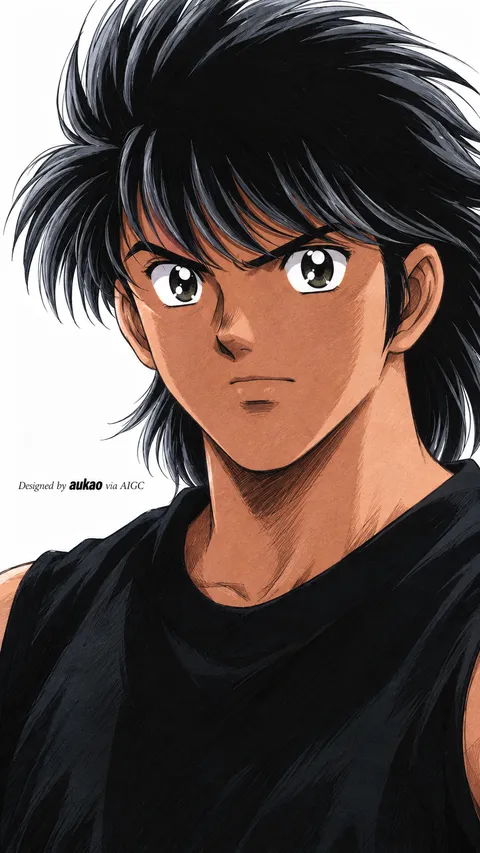 An AI-assisted portrait-format anime character illustration in the Captain Tsubasa collection. Artwork 007 from the AUKAO visual archive.