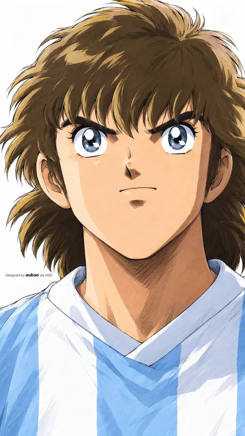 An AI-assisted portrait-format anime character illustration in the Captain Tsubasa collection. Artwork 015 from the AUKAO visual archive.