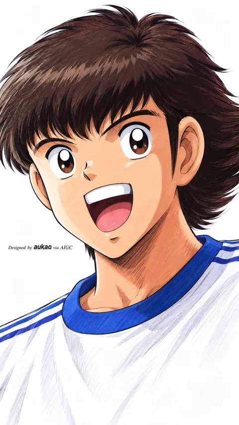 An AI-assisted portrait-format anime character illustration in the Captain Tsubasa collection. Artwork 017 from the AUKAO visual archive.