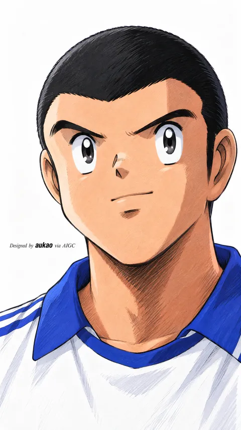 An AI-assisted portrait-format anime character illustration in the Captain Tsubasa collection. Artwork 021 from the AUKAO visual archive.