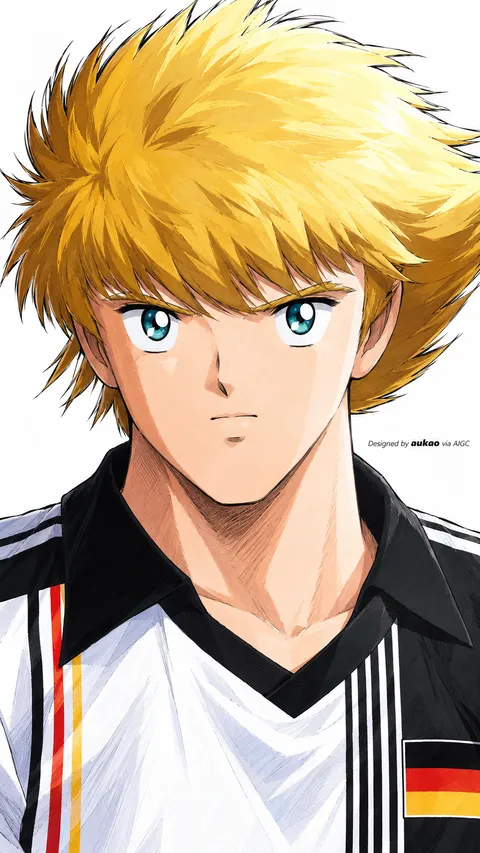 An AI-assisted portrait-format anime character illustration in the Captain Tsubasa collection. Artwork 019 from the AUKAO visual archive.