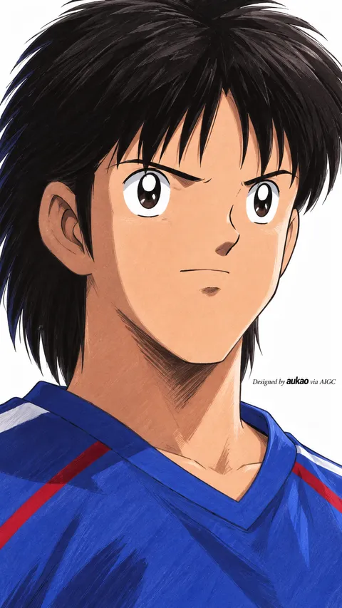 An AI-assisted portrait-format anime character illustration in the Captain Tsubasa collection. Artwork 001 from the AUKAO visual archive.