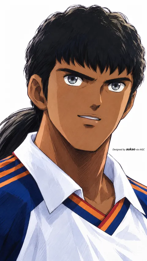 An AI-assisted portrait-format anime character illustration in the Captain Tsubasa collection. Artwork 006 from the AUKAO visual archive.
