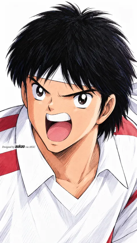 An AI-assisted portrait-format anime character illustration in the Captain Tsubasa collection. Artwork 011 from the AUKAO visual archive.