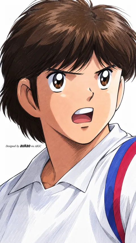 An AI-assisted portrait-format anime character illustration in the Captain Tsubasa collection. Artwork 018 from the AUKAO visual archive.