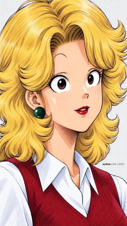 Midori Yamabuki / 山吹绿 / 山吹みどり. Blonde woman in a red vest. AI-generated fan art inspired by Dr. Slump / 阿拉蕾 / Dr.スランプ, created by AUKAO.
