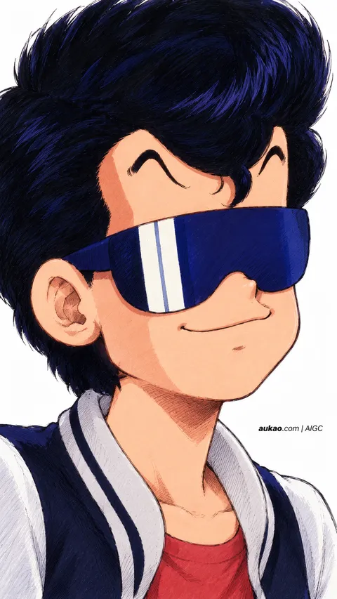 Blue-haired figure with visor sunglasses. Blue-haired figure with visor sunglasses. AI-generated fan art inspired by Dr. Slump / 阿拉蕾 / Dr.スランプ, created by AUKAO.
