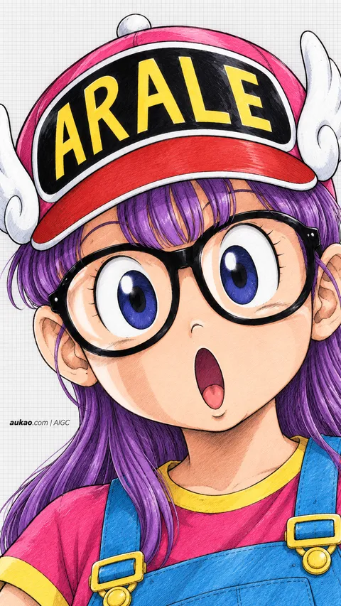 Arale Norimaki / 则卷阿拉蕾 / 則巻アラレ. Arale with winged cap and glasses. AI-generated fan art inspired by Dr. Slump / 阿拉蕾 / Dr.スランプ, created by AUKAO.