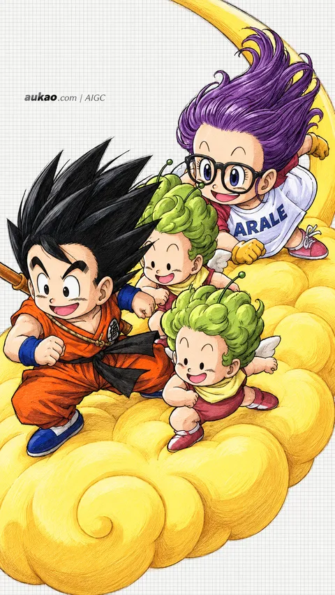 Arale Norimaki / 则卷阿拉蕾 / 則巻アラレ; Son Goku / 孙悟空 / 孫悟空. Arale and Goku cloud-riding crossover. AI-generated fan art inspired by Dr. Slump / 阿拉蕾 / Dr.スランプ, created by AUKAO. Crossover with Dragon Ball / 龙珠 / ドラゴンボール.