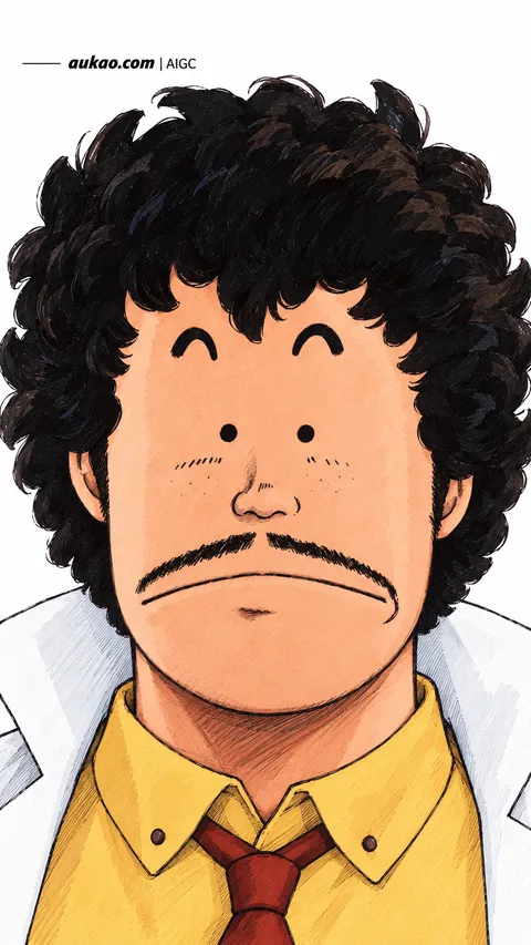 Senbei Norimaki / 则卷千兵卫 / 則巻千兵衛. Curly-haired inventor portrait. AI-generated fan art inspired by Dr. Slump / 阿拉蕾 / Dr.スランプ, created by AUKAO.
