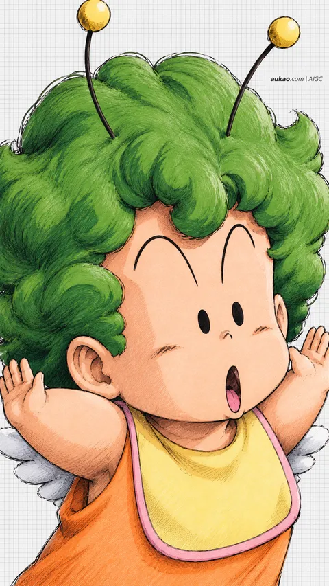 Gatchan / 小嘎 / ガッちゃん. Green-haired child with antennae. AI-generated fan art inspired by Dr. Slump / 阿拉蕾 / Dr.スランプ, created by AUKAO.