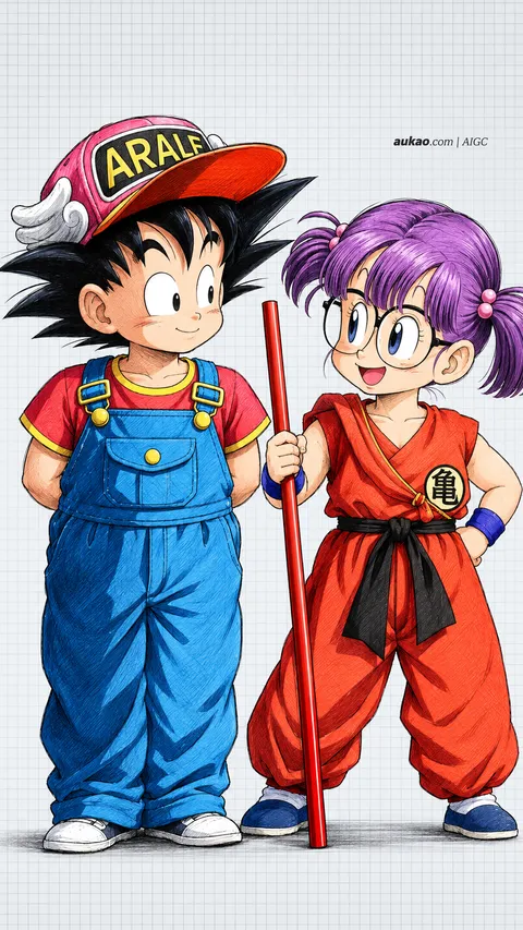 Arale Norimaki / 则卷阿拉蕾 / 則巻アラレ; Son Goku / 孙悟空 / 孫悟空. Arale and Goku costume crossover. AI-generated fan art inspired by Dr. Slump / 阿拉蕾 / Dr.スランプ, created by AUKAO. Crossover with Dragon Ball / 龙珠 / ドラゴンボール.
