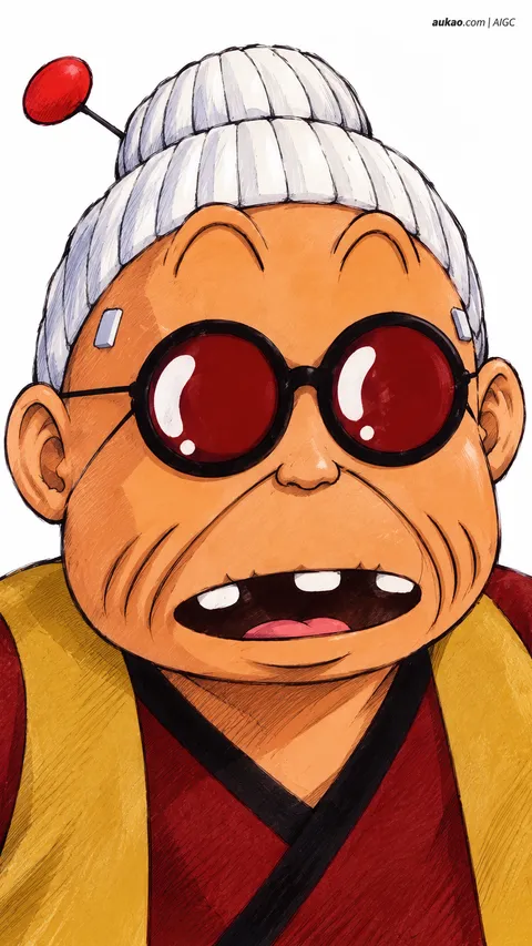 Orange-faced figure with round sunglasses. Orange-faced figure with round sunglasses. AI-generated fan art inspired by Dr. Slump / 阿拉蕾 / Dr.スランプ, created by AUKAO.