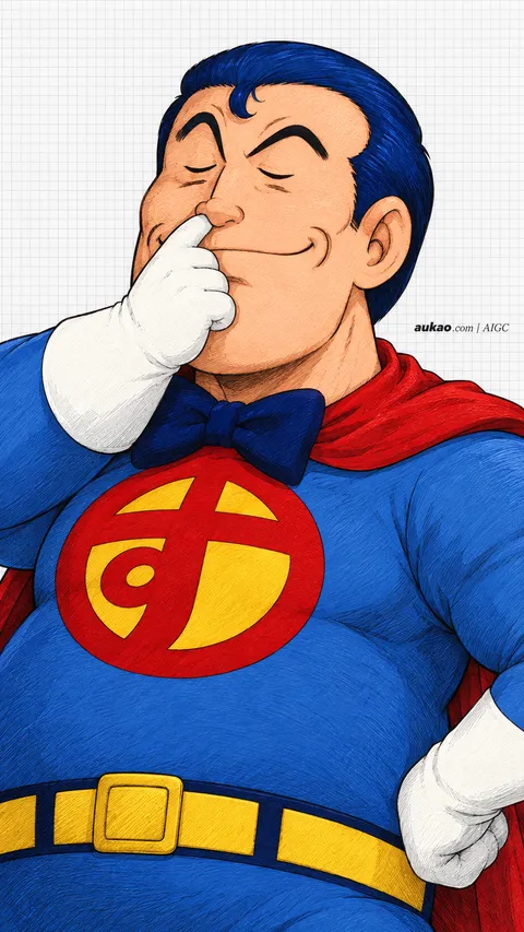 Suppaman / 酸梅超人 / スッパマン. Blue-suited hero with red cape. AI-generated fan art inspired by Dr. Slump / 阿拉蕾 / Dr.スランプ, created by AUKAO.