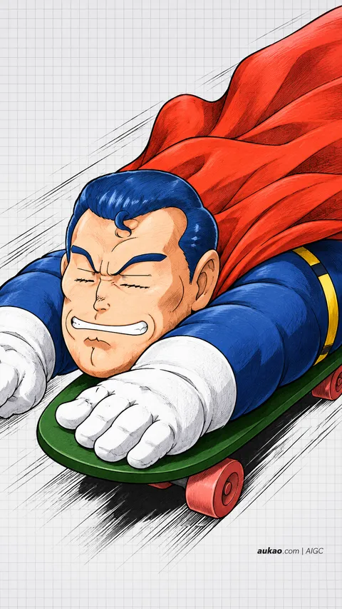 Suppaman / 酸梅超人 / スッパマン. Red-caped hero riding a skateboard. AI-generated fan art inspired by Dr. Slump / 阿拉蕾 / Dr.スランプ, created by AUKAO.