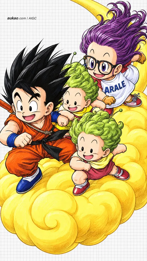 Arale Norimaki / 则卷阿拉蕾 / 則巻アラレ; Son Goku / 孙悟空 / 孫悟空. Arale and Goku riding a golden cloud. AI-generated fan art inspired by Dr. Slump / 阿拉蕾 / Dr.スランプ, created by AUKAO. Crossover with Dragon Ball / 龙珠 / ドラゴンボール.