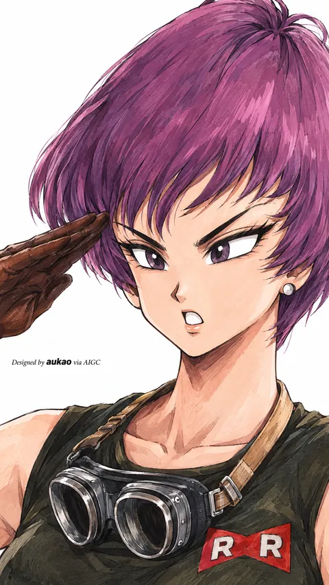 Purple-haired android: red Ribbon collar. A portrait-format character illustration in the Dragon Ball collection.