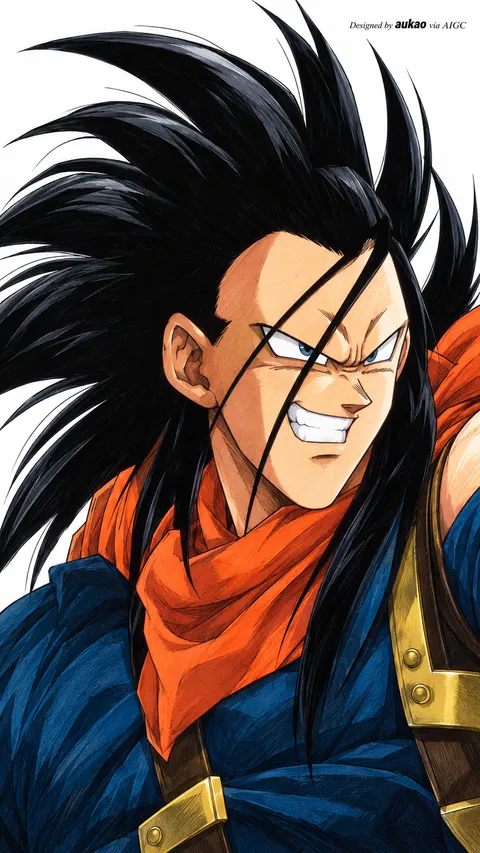 Long-haired fighter: confident grin. A portrait-format character illustration in the Dragon Ball collection.