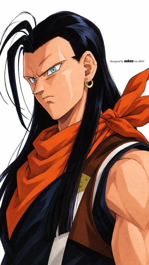 Long-haired android: sideways glance. A portrait-format character illustration in the Dragon Ball collection.