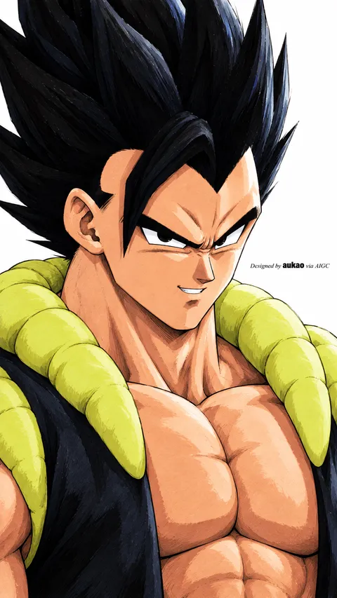 Black-haired fusion warrior: green vest. A portrait-format character illustration in the Dragon Ball collection.