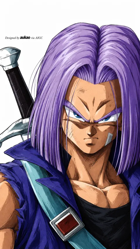 Lavender-haired swordsman: hand on the strap. A portrait-format character illustration in the Dragon Ball collection.